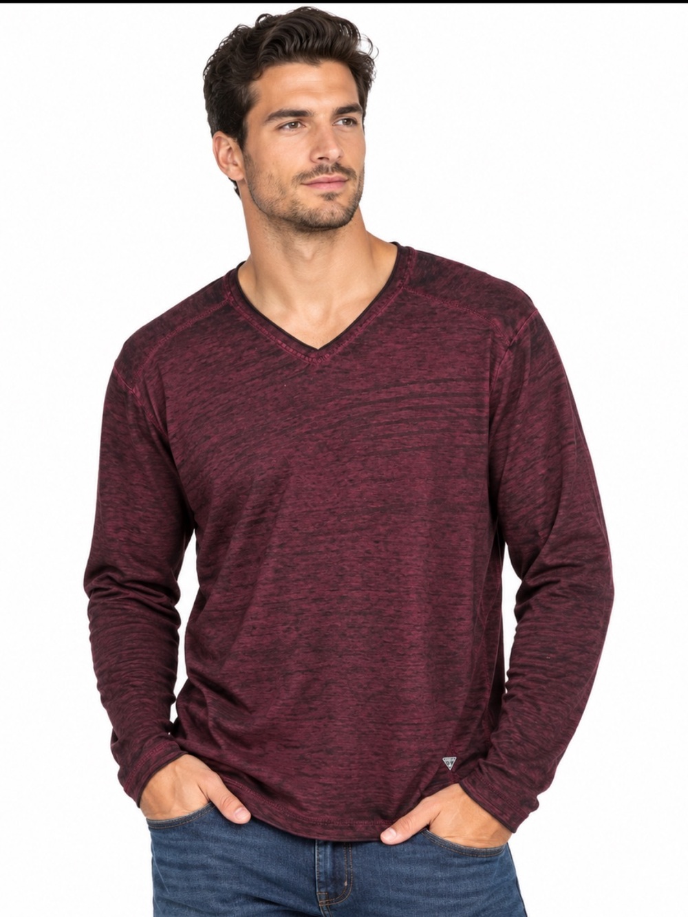 GUESS Men’s XL Burgundy Washed V-Neck Long Sleeve Shirt Distressed Casual